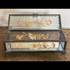 Antique Glass Vintage Mirror Jewelry Butterfly Floral Box Metal